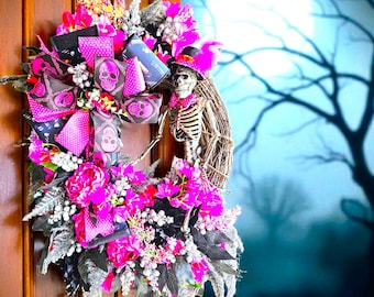 Hot Pink Halloween Skeleton Wreath