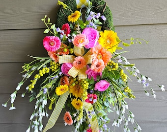 Orange and Yellow Spring Door Wreath, Garden Floral Wreath,  Bright Spring Wreath, Gerbera Daisy Wreath,  Moss Garden Wreath