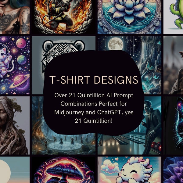 21 Quintillion Prompt Combinations Inside, T-Shirt Designs for Midjourney and ChatGPT, AI Art, Print on Demand Tool, Automate Graphic Design