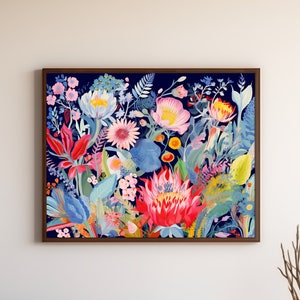 Botanical Wall Art | Downloadable Print | Floral Art Print | Folk Art Style | Blue Floral Art Print | Floral Print Wall Art
