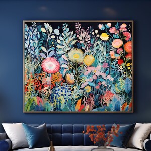 Botanical Wall Art | Downloadable Print | Floral Art Print | Folk Art Style | Blue Floral Art Print | Floral Print Wall Art