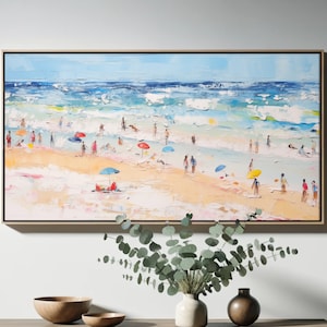 May include: A colorful painting of a beach scene with people, umbrellas, and waves. The painting is done in a loose, impressionistic style.