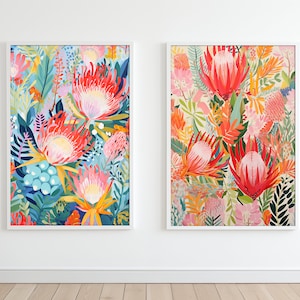 Australian Flowers Wall Art Set | Botanical Art Prints | Downloadable Prints | Australian Natives Wall Art | Protea, Waratah, Eucalyptus