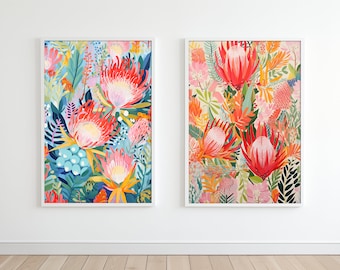 Australian Flowers Wall Art Set | Botanical Art Prints | Downloadable Prints | Australian Natives Wall Art | Protea, Waratah, Eucalyptus