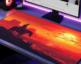 Wild West Outlaw Red Dead Cowboy Sunset Desk Mat - Western Aesthetic Non Slip Big Gaming Mouse Pad, Rustic Large Desk Mat