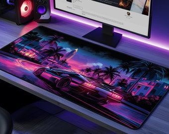 Neon Miami Non-Slip Desk Mat: 80&#39;s Synthwave Vaporwave Large Gaming Mouse Pad, Gift for Friends