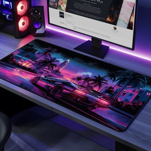 Alfombrilla de escritorio antideslizante Neon Miami: alfombrilla de ratón grande para juegos Synthwave Vaporwave de los años 80, regalo para amigos