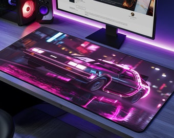 Delorean DMC-12 Non-Slip Desk Mat - Back to the Future Synthwave Neon Large Gaming Mouse Pad, Gift for Friends