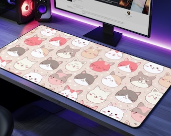 Kawaii Cats Desk Mat: Pink Anime Gaming Mouse Pad