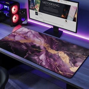 Elegant Purple and Gold Marble Desk Mat: Large Gaming Mouse Pad, Stylish Desk Accessories