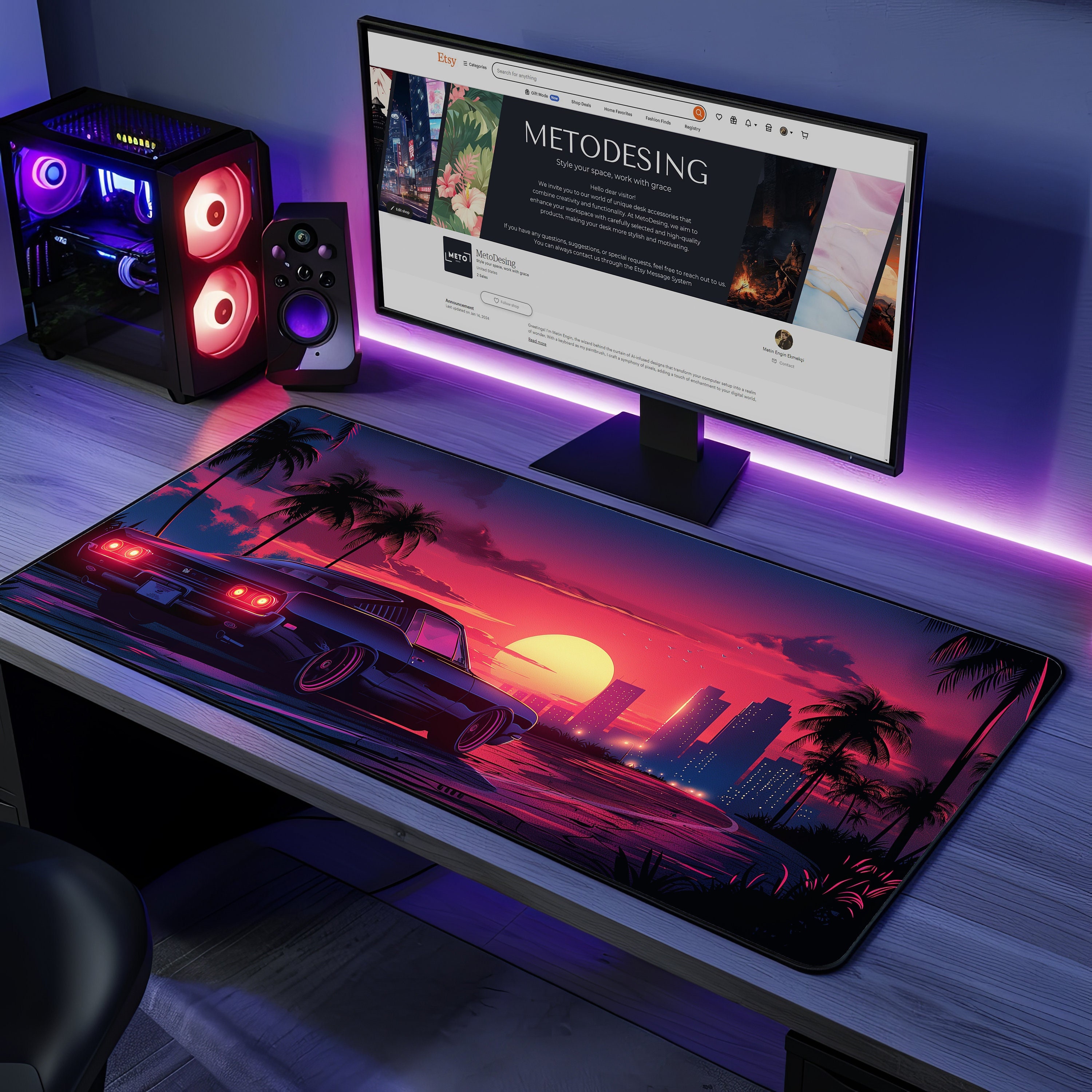 【2000ARCHIVES】 Matt Love T : Mint 80's Retro Synthwave Non-slip Desk Mat: Miami Sunset Vibrant