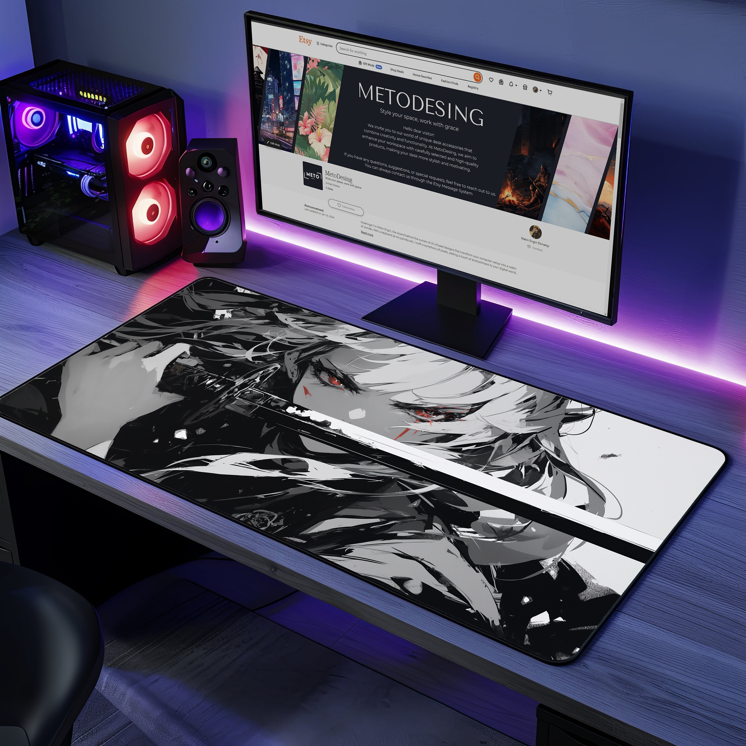 Vampire Anime Girl Non-slip Desk Mat - Black & White Manga