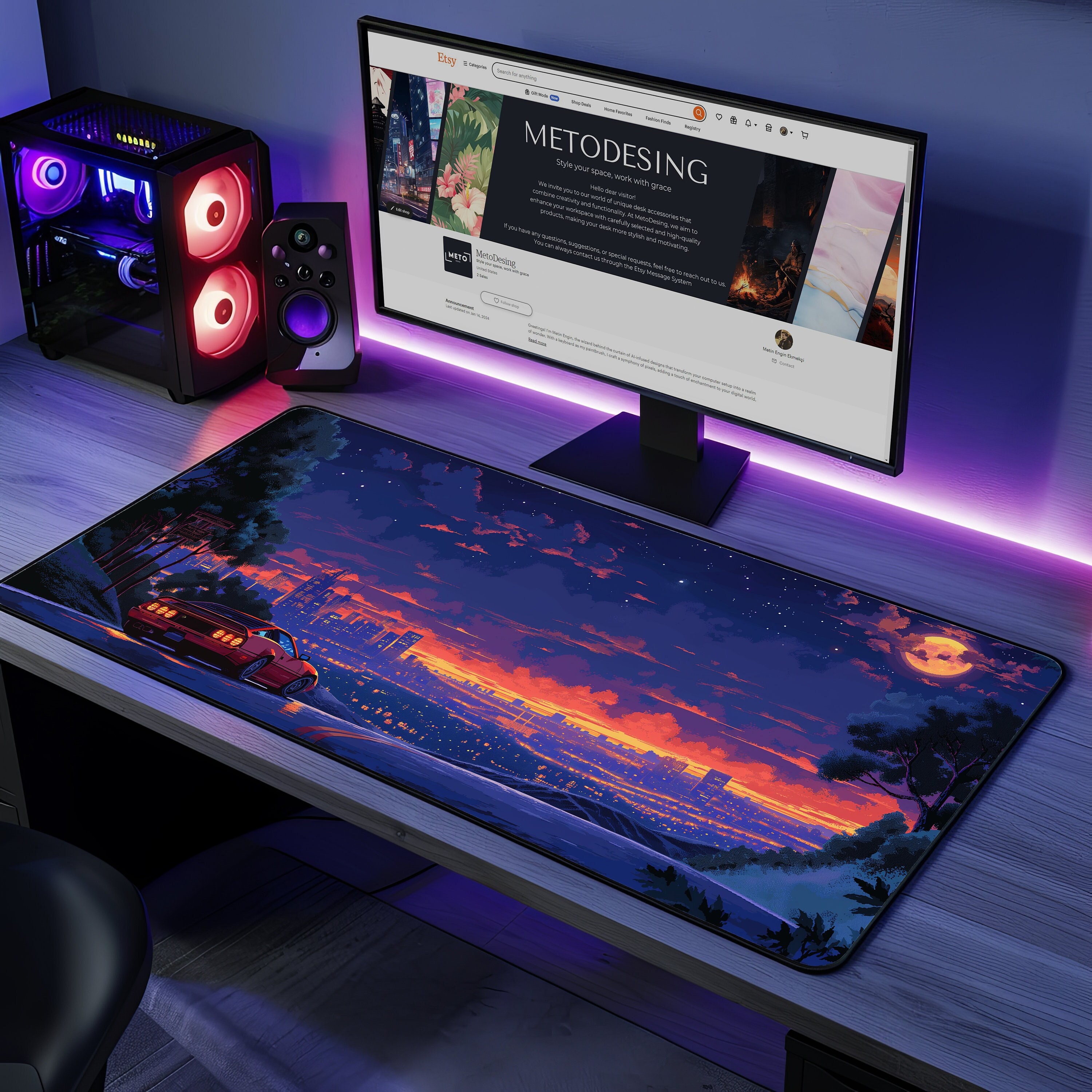 90's Retro Pixel Art Non-Slip Desk Mat - Synthwave Aesthetic Night Drive Large Gaming Mouse Pad, Gift for Gamers