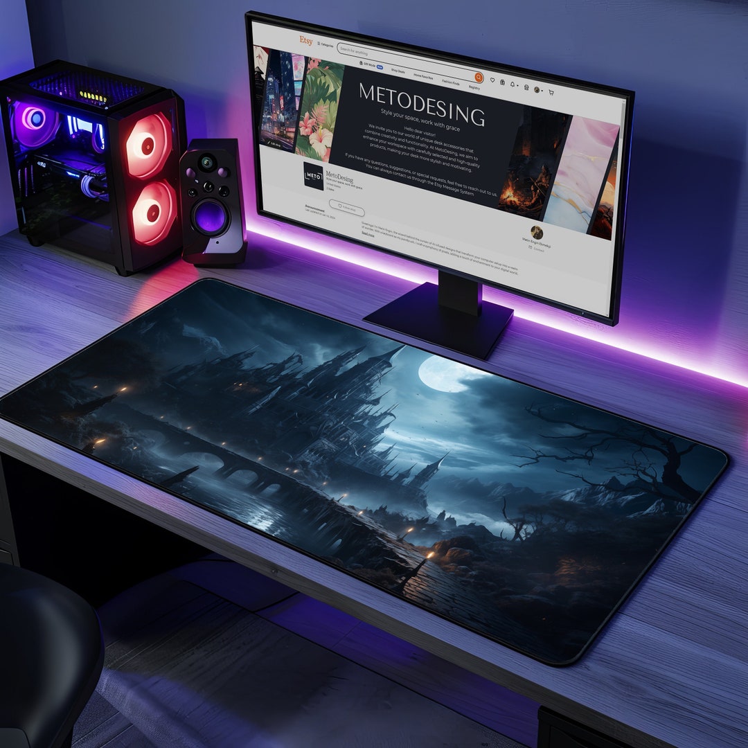 Fantasy Castle Non-slip Desk Mat: Gothic Full Moon Night Landscape ...