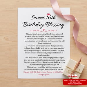 Pode incluir: Um cartão branco com o texto "Sweet 16th Birthday Blessing" e uma mensagem sobre fazer dezesseis anos. Uma fita rosa e uma pequena caixa de presente com uma caneta estão no cartão. O cartão também tem uma faixa vermelha que diz "Sweet 16th Birthday Blessing 5x7 & 8.5 x 11 Instant Download".