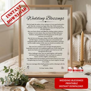 May include: A framed "Wedding Blessings" printable with elegant script. The text includes a prayer for a couple's marriage, with the words "Instant Download" and "Printable" visible. A bouquet of flowers and a candle are in the foreground.