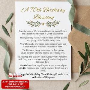 May include: A 70th Birthday Blessing card with gold script and olive branch detailing. The card features a message about life, love, and faith. A red banner at the bottom reads "A 70th Birthday Blessing [5x7 & 8.5 x 11] Instant Download."