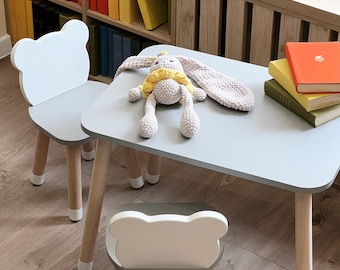 Handgemaakte grijze teddybeerstoel en tafelset | Montessori | Stoel en tafel voor peuter en kind