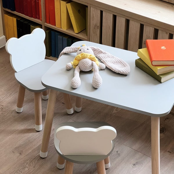 Ensemble table et chaise nounours gris fait main | Montessori | Chaise et table pour tout-petit et enfant