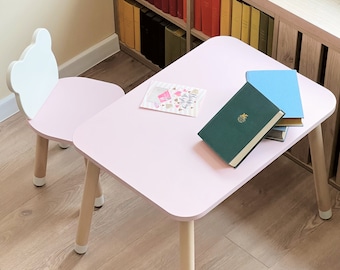 Silla y mesa de oso de peluche rosa hechas a mano / Montessori / Silla y mesa para niños pequeños y niños