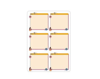 May include: Three sheets of stickers. The first sheet has six white squares with a pink and purple design at the bottom and a cartoon image. The second sheet has six beige squares with a gold and blue design. The third sheet has six white squares with pink hearts.