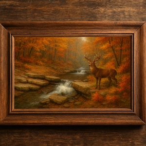 Autumn Forest Stag Deer Print – Woodland Stream Wall Art, Rustic Fall Landscape Decor, Painterly Nature Digital Download