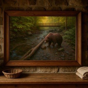 May include: A framed landscape painting depicts a brown bear walking in a stream. The artwork is set in a forest with a wooden bridge in the background. A woven basket, a ceramic jug, and a folded blanket sit on a wooden table.
