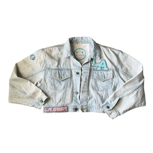 LA Gear Leichte Jeans Jacke Vintage 1980s mit LA Patches Schulterpolster