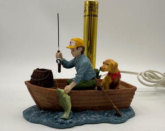 Lámpara de mesa JSNY Fisherman, color marrón, con forma de bote de remos y perro, luz nocturna (funciona)