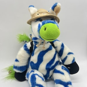 Verrückte Brainy Zipes Plüsch Zany Zebra Blau Weiß Baby Rucksack Stofftier 1998