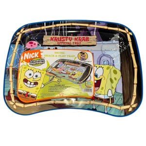 May include: A blue-rimmed metal tray featuring SpongeBob SquarePants characters and the Krusty Krab logo. The tray includes a smaller, foldable snack and play tray with the same theme. The tray is designed for kids.