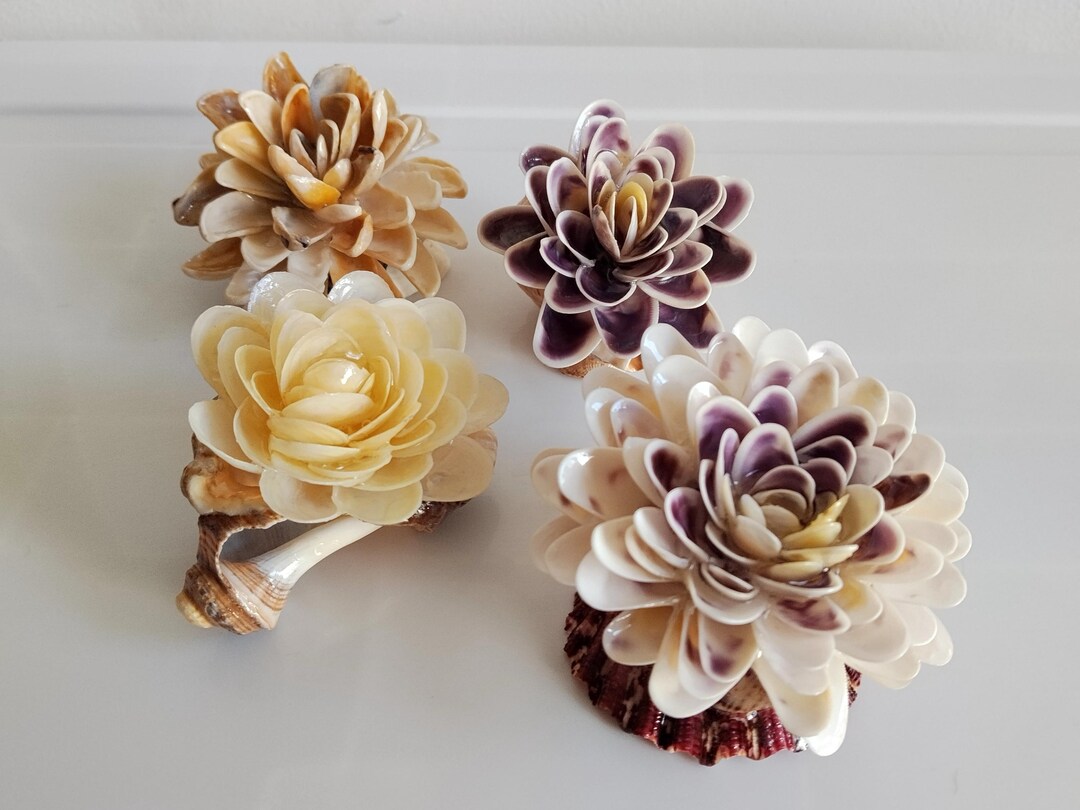 Set of 4 Real Shell Flowers • Handmade Seashell Decor • Coastal Home ...