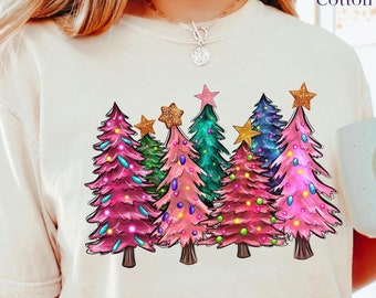 chemise de Noël rose, chemises de Noël, chemise de sapin de Noël, chemise de famille de Noël, chemise de lumières de Noël, couleurs de confort, 122305