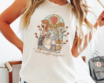 Camiseta sin mangas de La Bella y la Bestia, Camiseta sin mangas "Un cuento tan antiguo como el tiempo", Camiseta de Disney de La Bella y la Bestia, Colores cómodos, Camiseta sin mangas de Disney, 120995