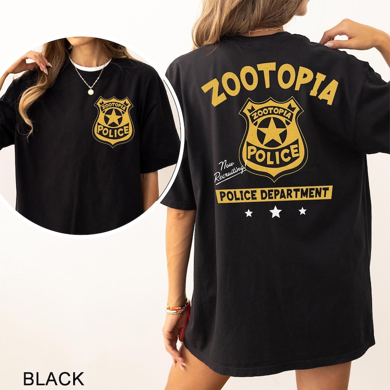 A black t-shirt with the text "Zootopia Police Department" printed on it, along with a police badge emblem.