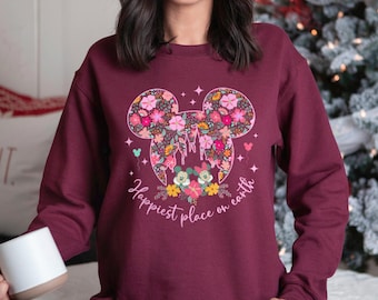 Mickey Minnie Happiest Place On Earth Sweatshirt, Disney Magical Castle Sweatshirt, Floral Disney Hoodie,Disney Magic Castle Crewneck 123027