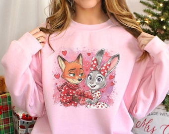 Watercolor Judy Hopps Nick Wilde Heart Sweatshirt, Valentine Zootopia Hoodie, Coquette Bow Zootopia Sweatshirt, Disney Love Crewneck 124542