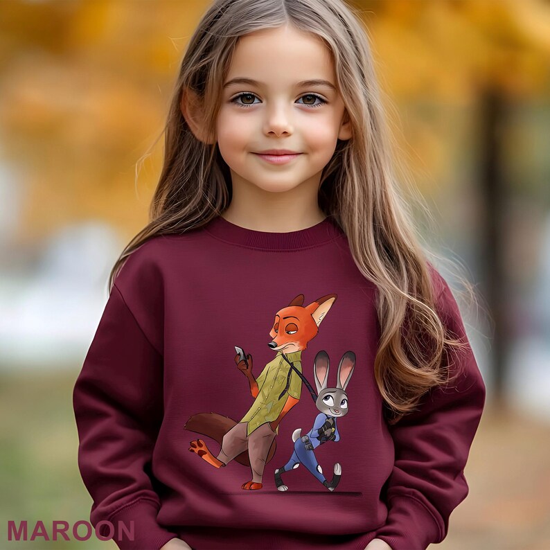 A young girl wearing a maroon sweater with an illustration of a fox and a rabbit on it.