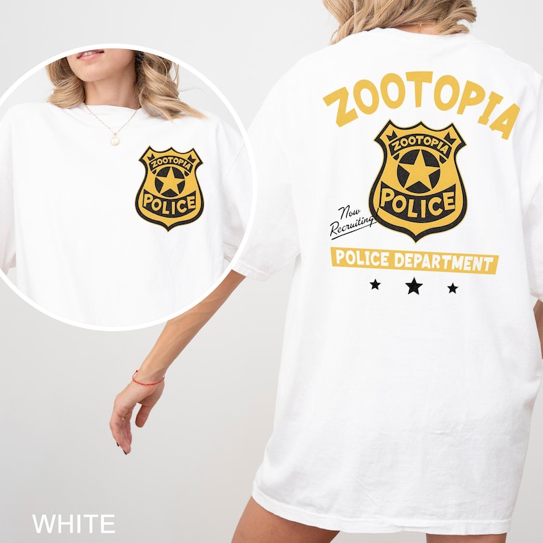 A white t-shirt with a police department logo and text, including the words "Zootopia Police Department" and "New Recruitment".