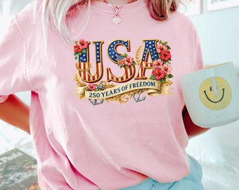 Camiseta Floral 250 Años de Libertad, Camisetas Patrióticas de Estados Unidos Desde 1776, Camiseta del 4 de Julio de EE. UU., 125777