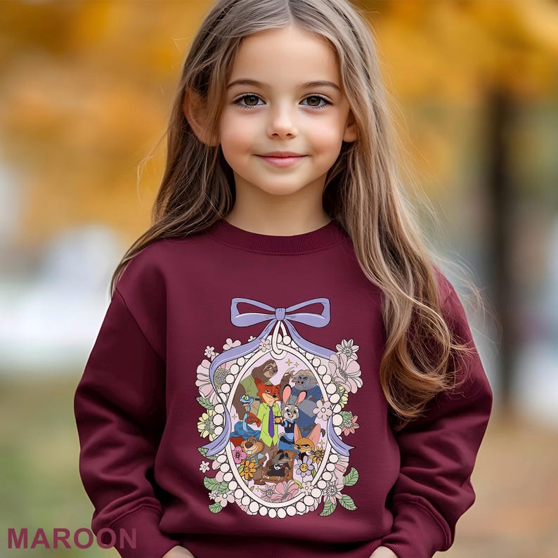A young girl with long blonde hair wearing a maroon sweater with a bow and a colorful illustration of characters on it.