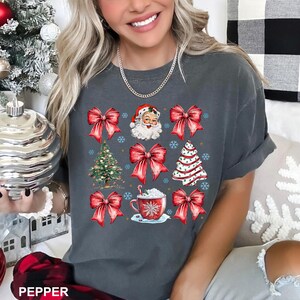 Red Coquette Christmas Shirt, Comfort Colors, Cute Xmas Bow Shirt, Women&#39;s Holiday Shirt, Retro Holiday Shirt, Christmas Party Tee, 123734