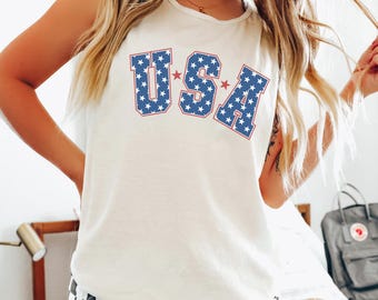 Floral Usa Tank Top Patriotic Racerback, Vintage Style Floral Print, 121480