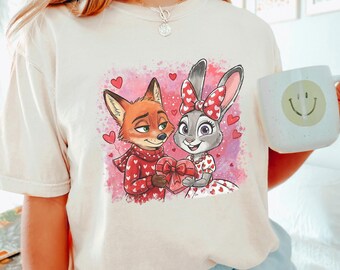 Watercolor Judy Hopps Nick Wilde Heart Shirt, Comfort Colors, Valentine Zootopia Shirt, Coquette Bow Zootopia Tee, Disney Love Shirt 124542