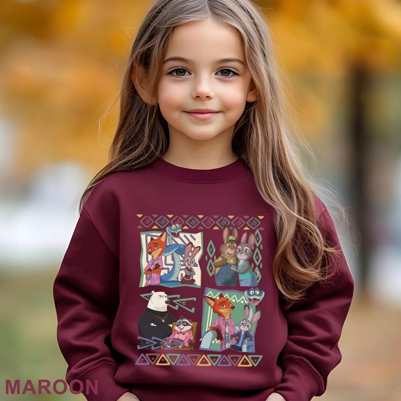 A young girl wearing a maroon sweater with a graphic of various cartoon characters on it.
