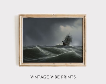 Vintage Ship Oil Painting: Moody Stormy Seascape (Digital Download)