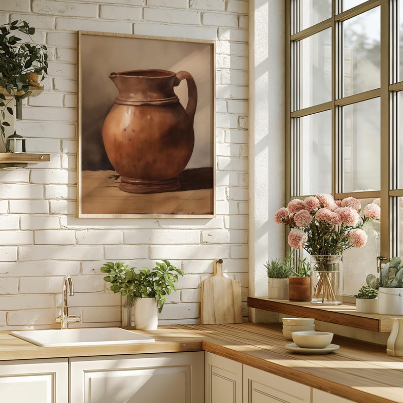 Vintage Water Jug Art Antique Art for Kitchen Rustic Farmhouse Print