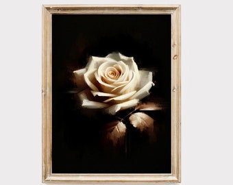Moody White Rose Vintage Oil Painting Print (Digital Download)