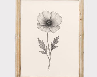 Mohnlinie Kunstdruck: Minimalistische schwarz-weiße Blumenillustration (Digitaler Download