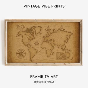 May include: A framed vintage-style world map print. The map is a sepia tone with detailed illustrations of continents, oceans, ships, and a compass rose. The text "VINTAGE VIBE PRINTS" and "FRAME TV ART" are displayed above and below the map.